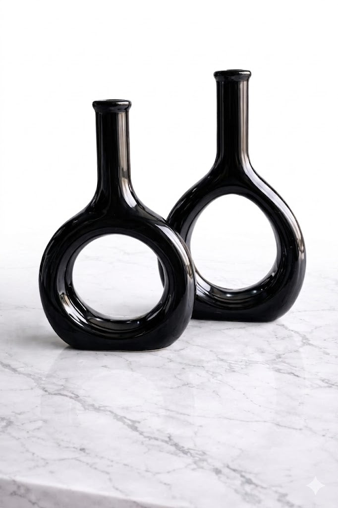The Halo Duo – Luxury 12" & 11" Long Neck Circular Ceramic Vase Set